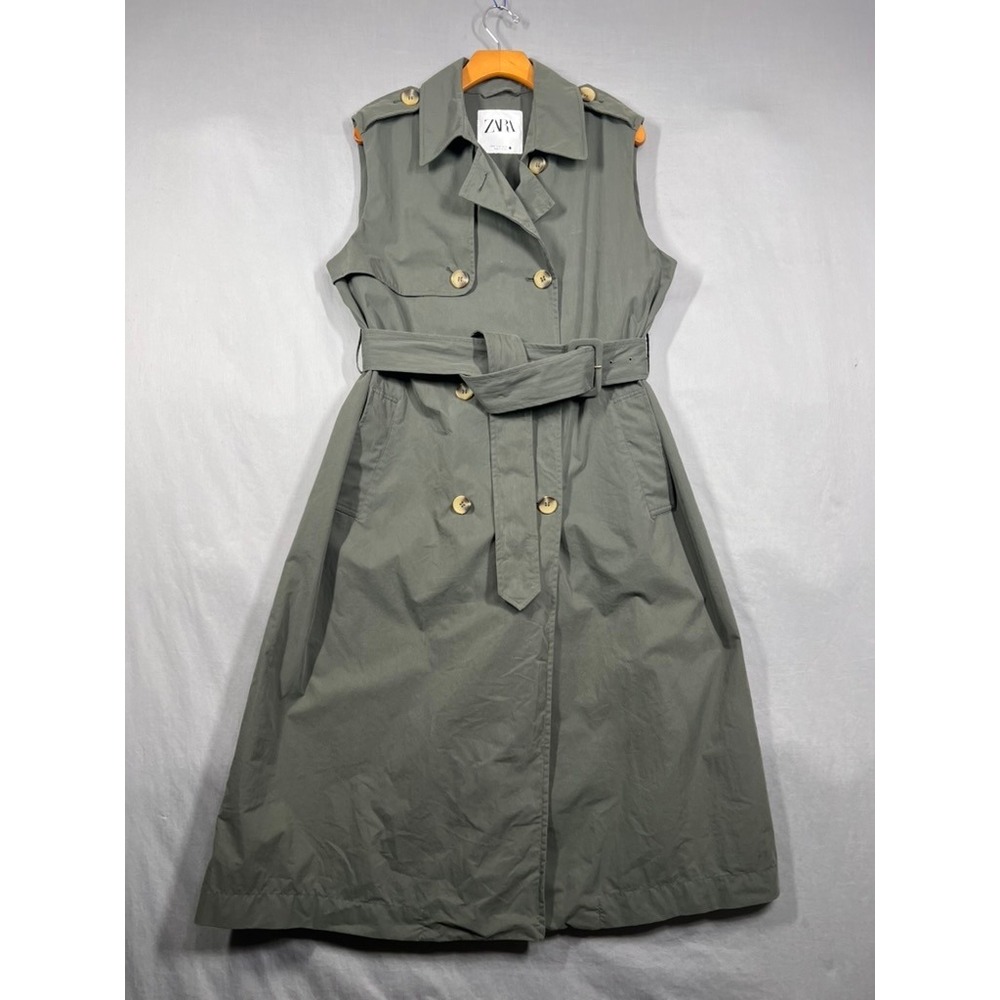 Zara Olive Green Sleeveless Trench Coat Midi Dress Chic Double Breasted Belted M
